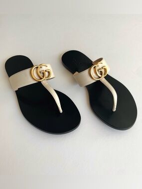 Gucci Marmont GG Logo Flat Thong Cream Leather Sandals Size 35.5 US 5.5 Women’s